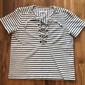 Madewell navy and cream tie front top